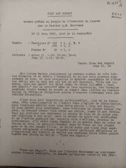 Première page de notes de la prédication de Pentecôte 1943.